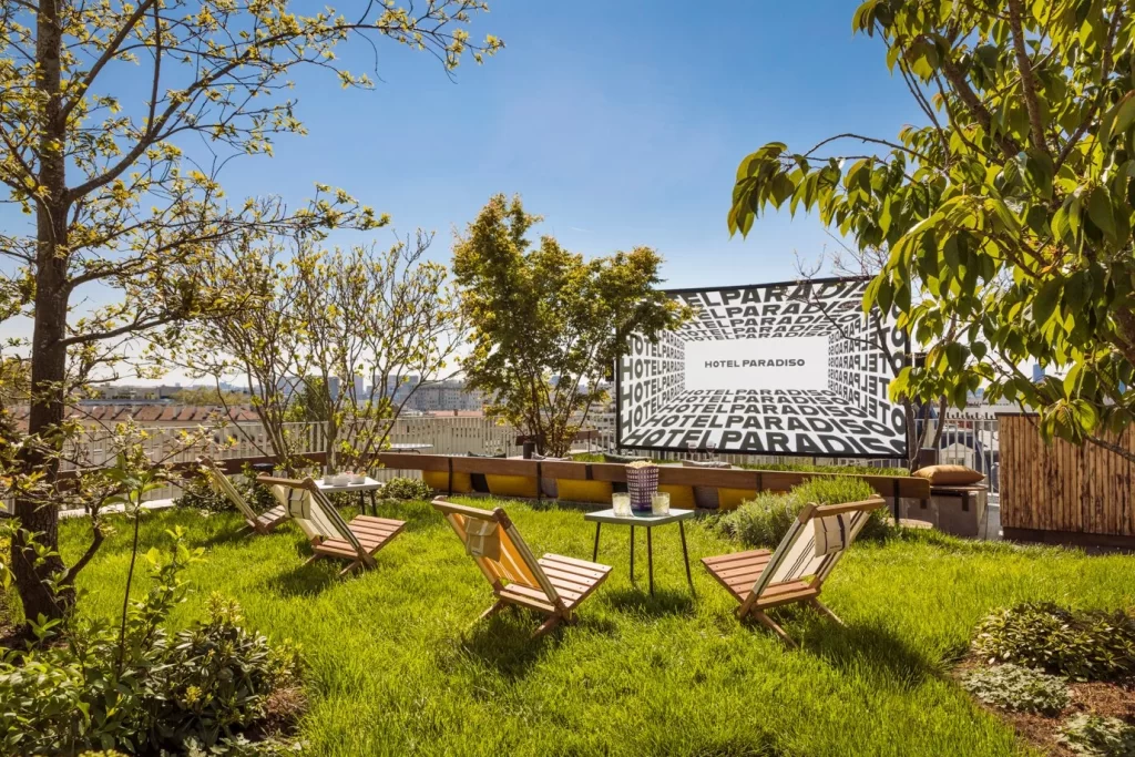 Paris’s first cinema-hotel blends movies, mixology, and views.